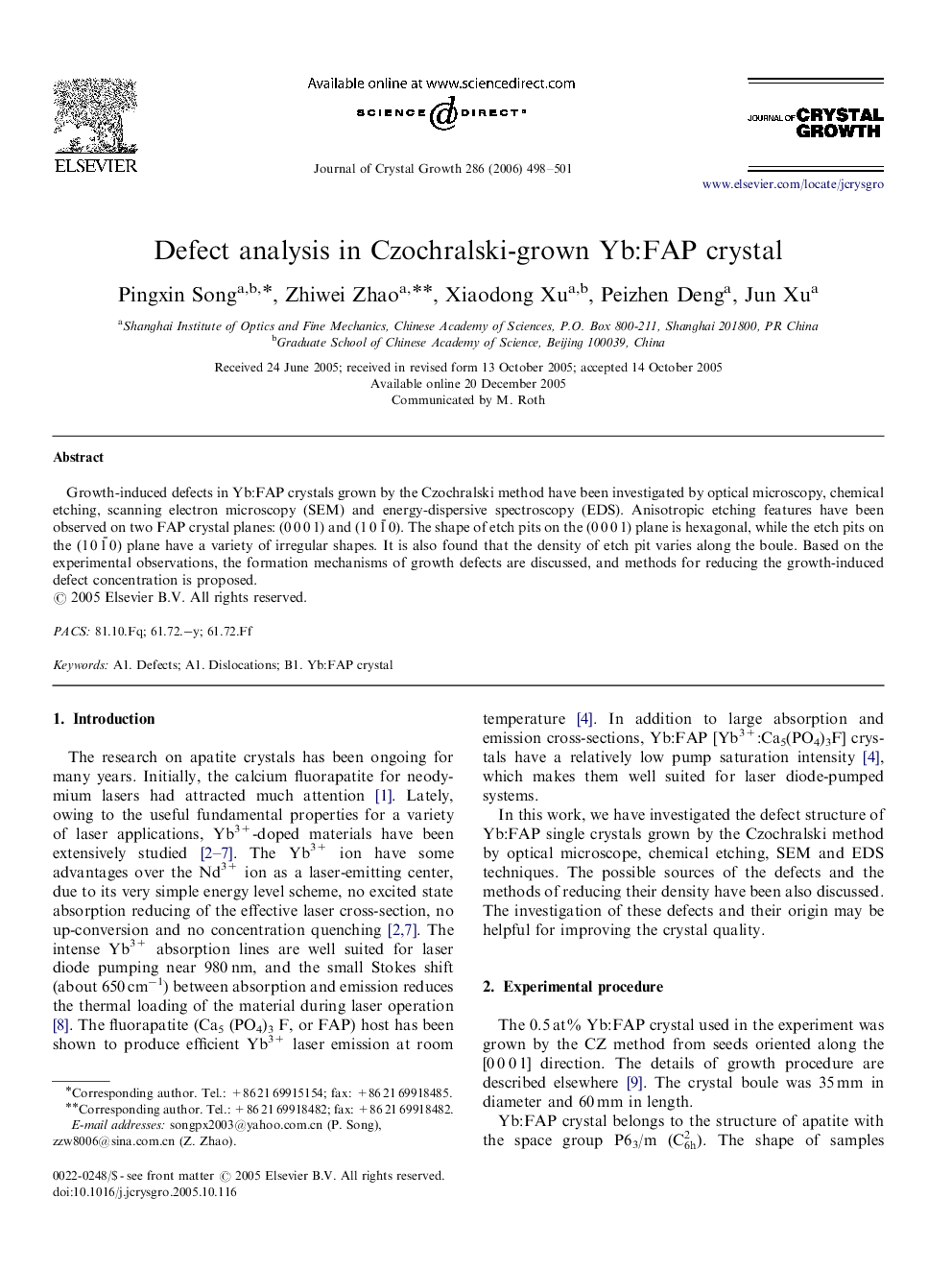 Defect analysis in Czochralski-grown Yb:FAP crystal
