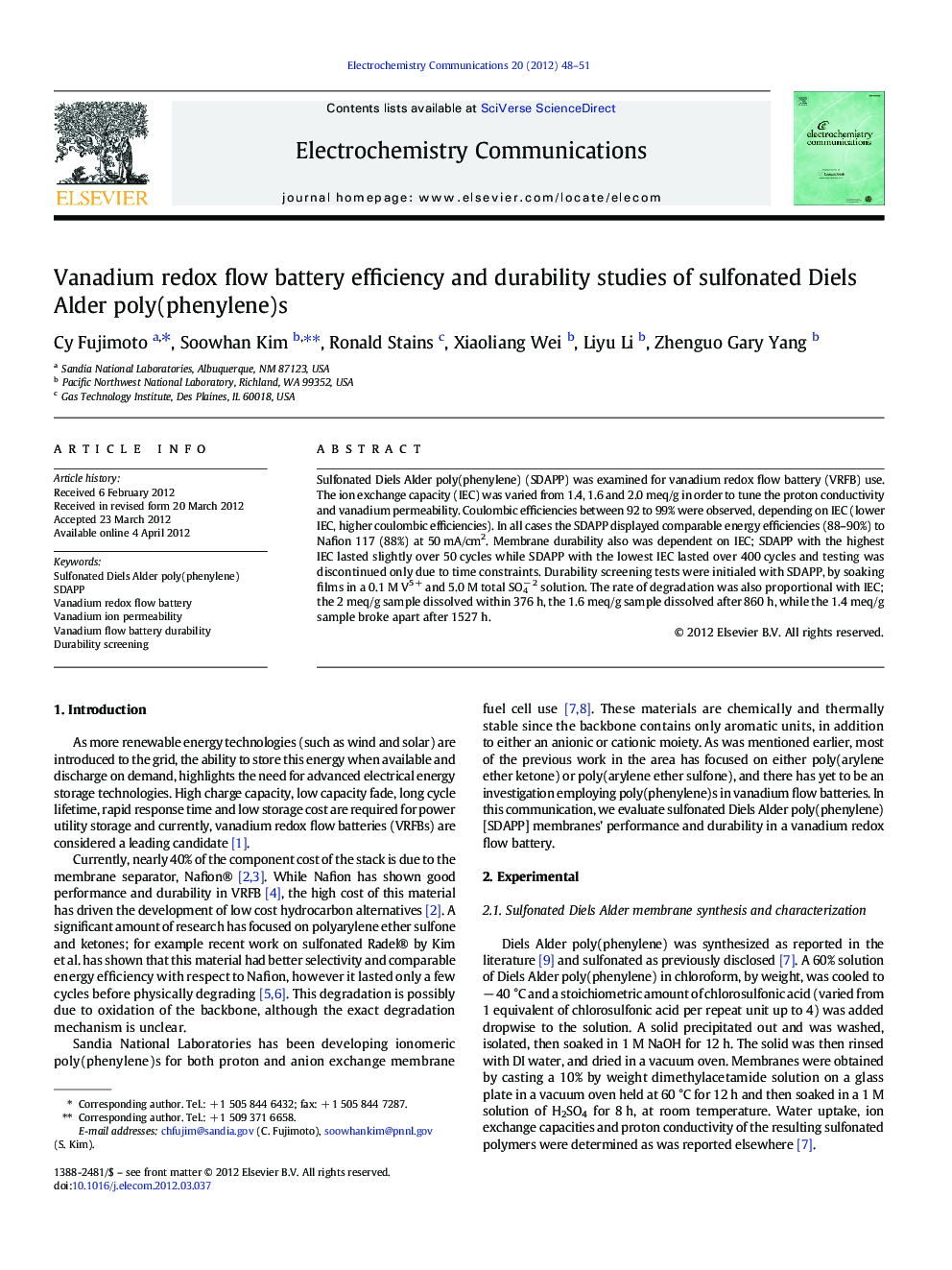 Vanadium redox flow battery efficiency and durability studies of sulfonated Diels Alder poly(phenylene)s