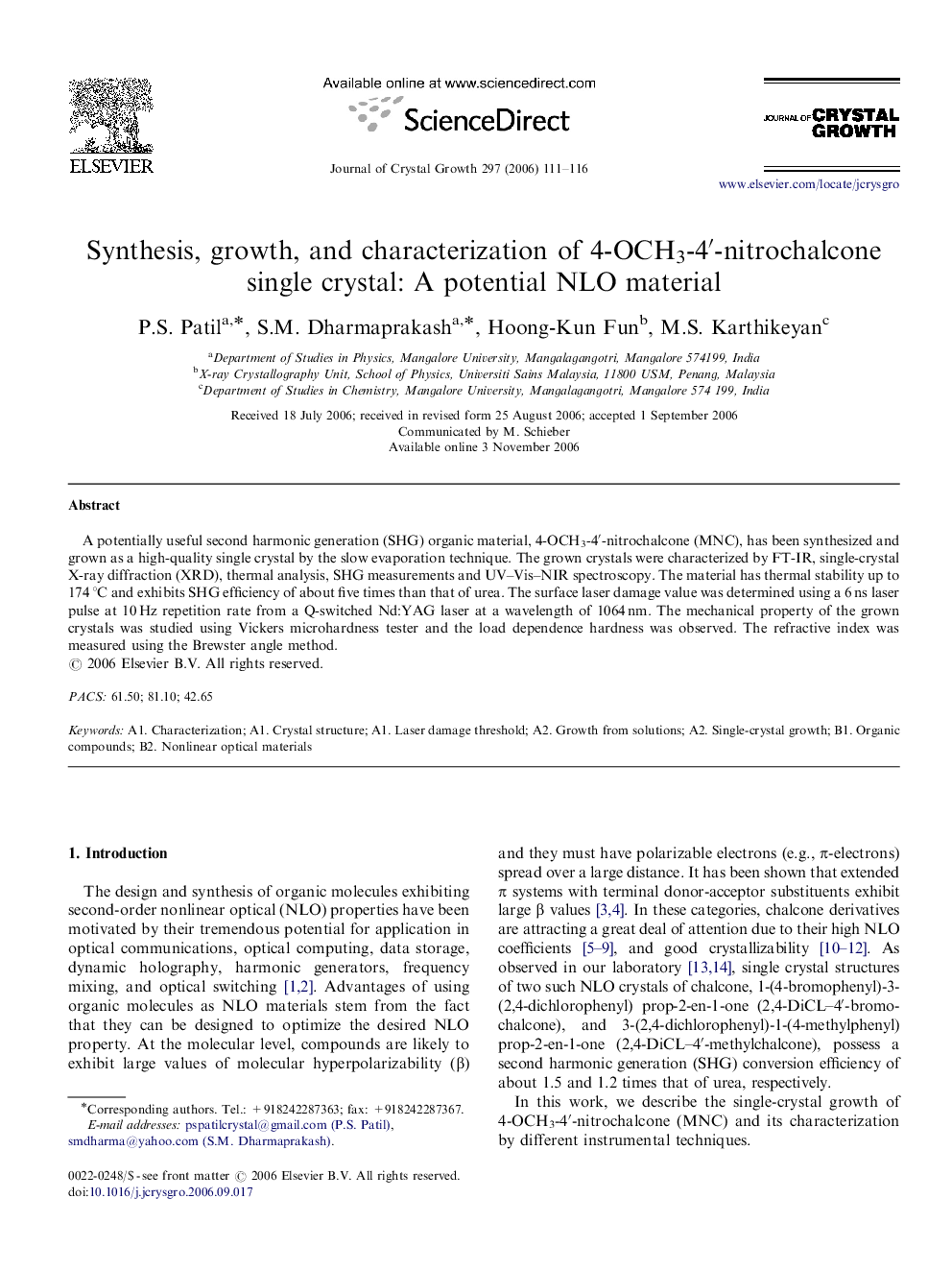 Synthesis, growth, and characterization of 4-OCH3-4′-nitrochalcone single crystal: A potential NLO material