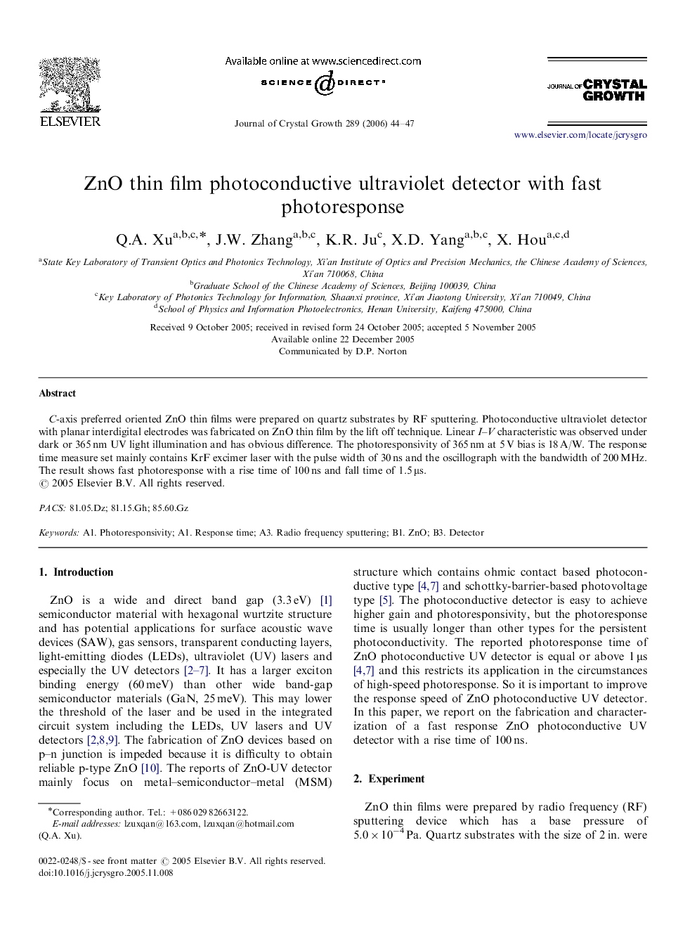 ZnO thin film photoconductive ultraviolet detector with fast photoresponse