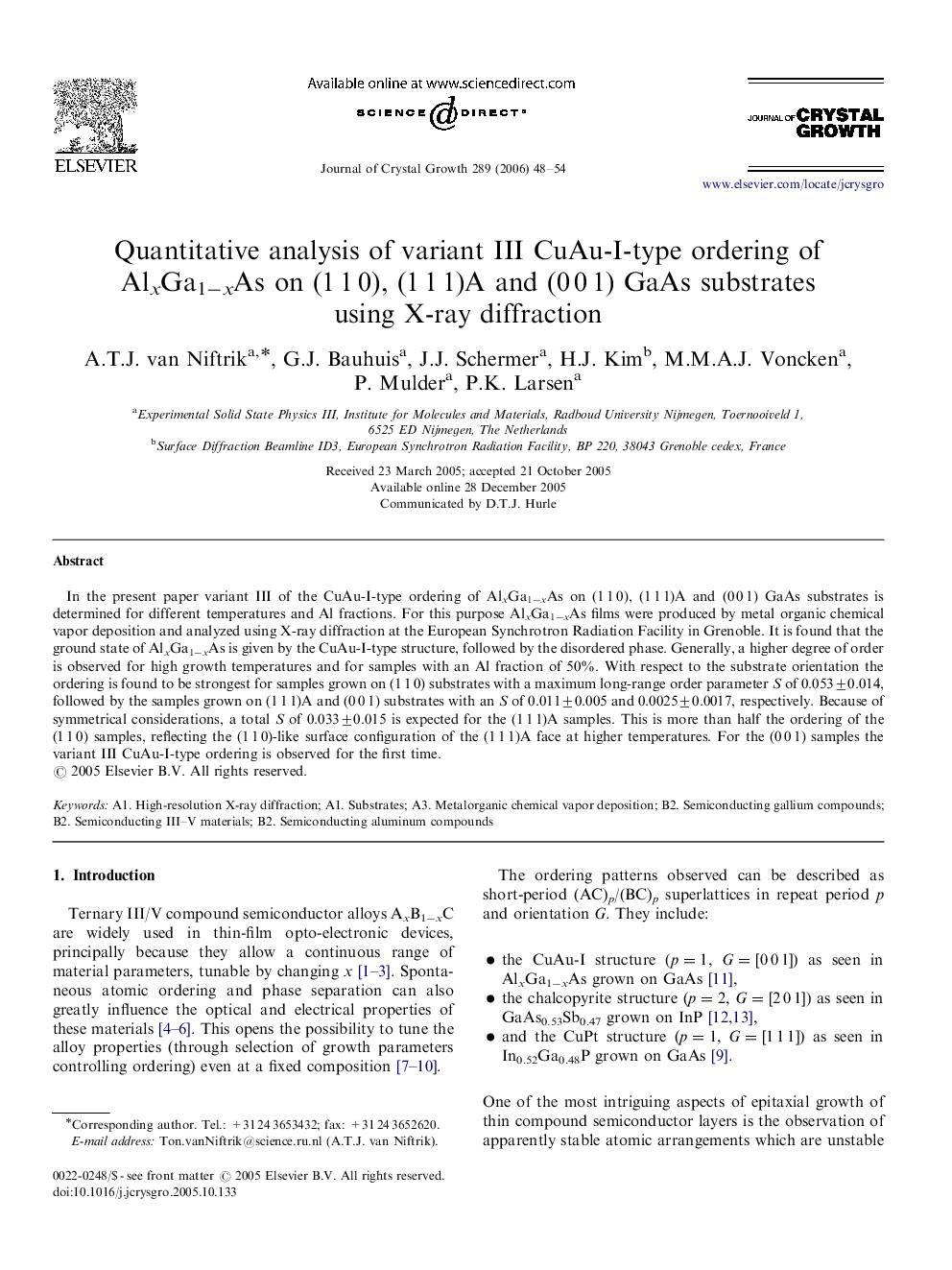 Quantitative analysis of variant III CuAu-I-type ordering of AlxGa1âxAs on (1Â 1Â 0), (1Â 1Â 1)A and (0Â 0Â 1) GaAs substrates using X-ray diffraction