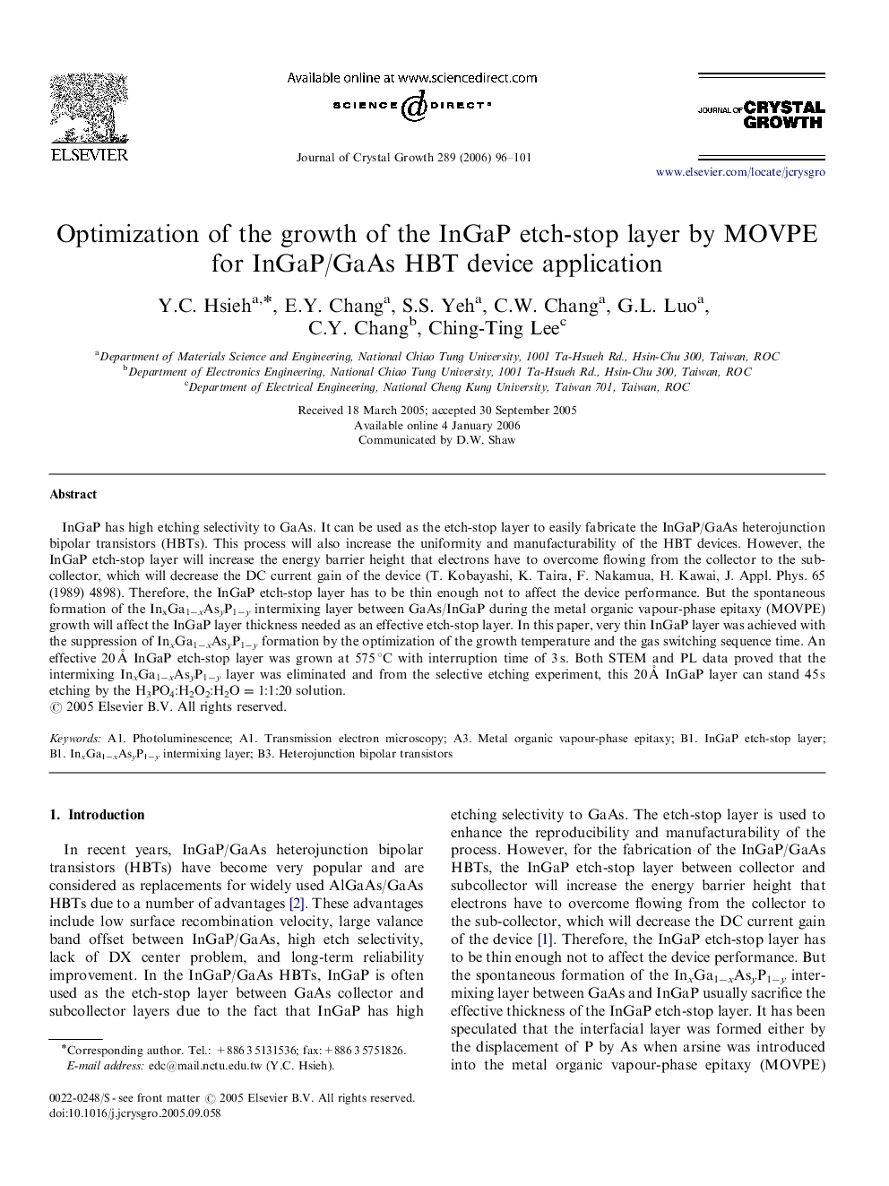 Optimization of the growth of the InGaP etch-stop layer by MOVPE for InGaP/GaAs HBT device application