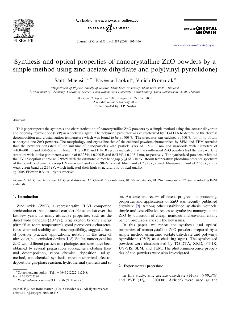 Synthesis and optical properties of nanocrystalline ZnO powders by a simple method using zinc acetate dihydrate and poly(vinyl pyrrolidone)