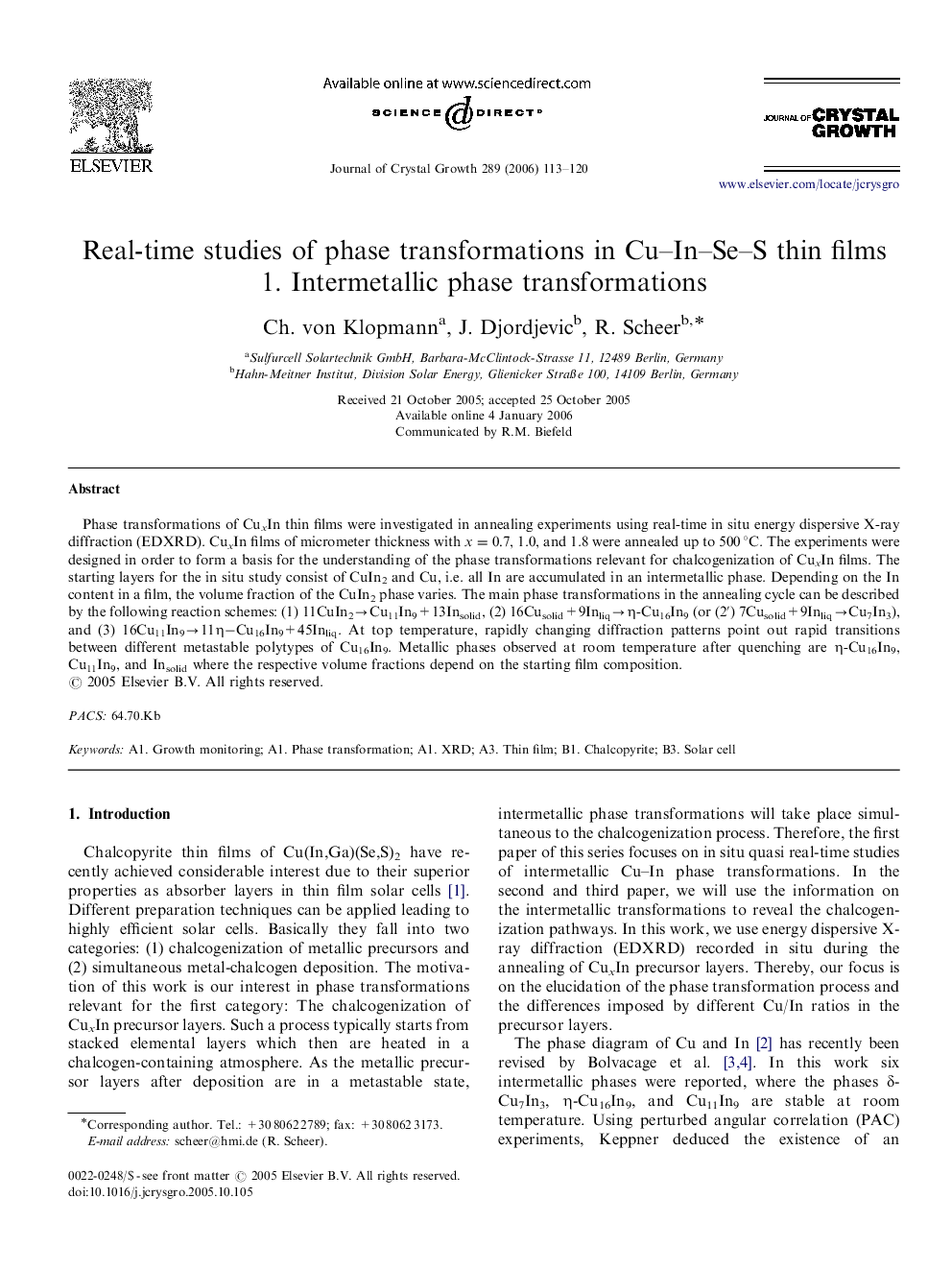 Real-time studies of phase transformations in Cu–In–Se–S thin films: 1. Intermetallic phase transformations