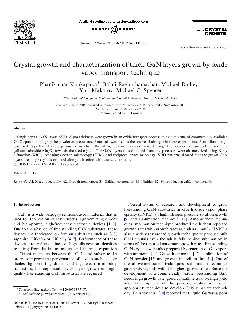 Crystal growth and characterization of thick GaN layers grown by oxide vapor transport technique