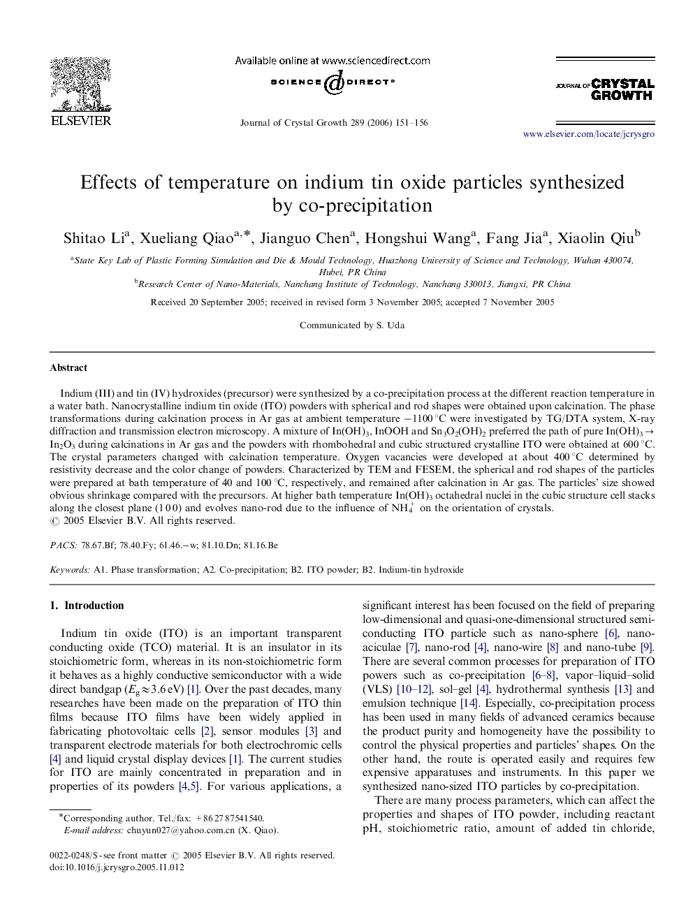 Effects of temperature on indium tin oxide particles synthesized by co-precipitation