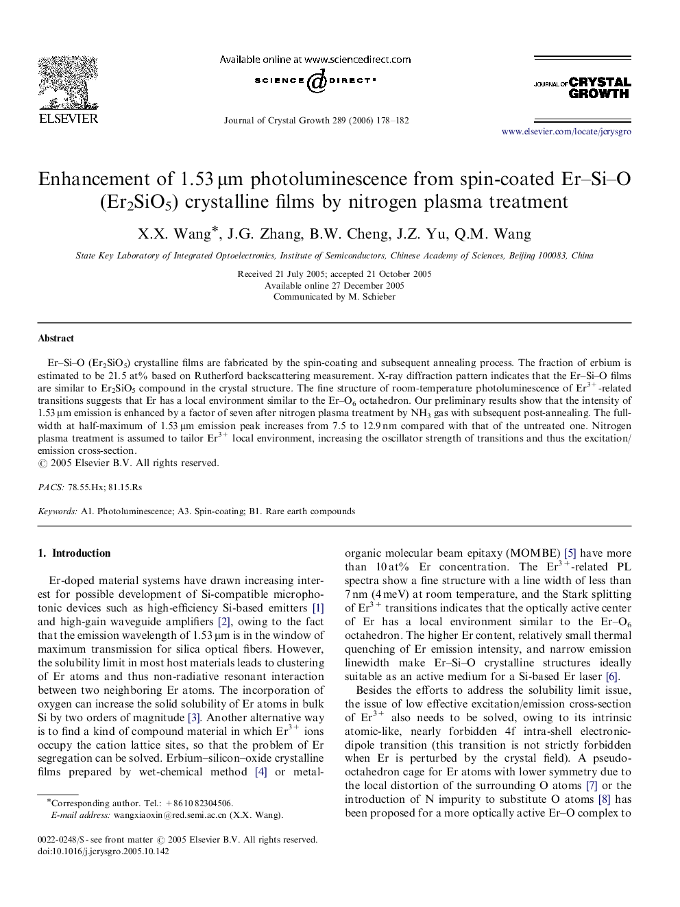 Enhancement of 1.53 μm photoluminescence from spin-coated Er–Si–O (Er2SiO5) crystalline films by nitrogen plasma treatment