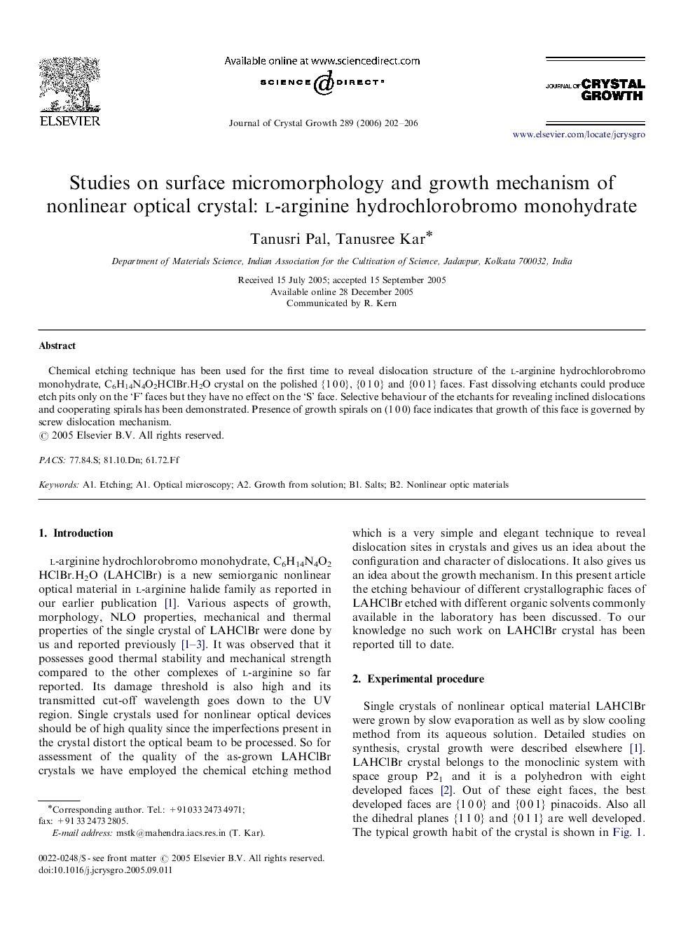 Studies on surface micromorphology and growth mechanism of nonlinear optical crystal: l-arginine hydrochlorobromo monohydrate