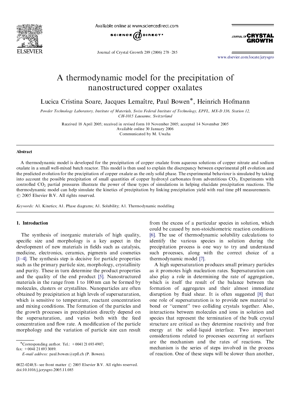 A thermodynamic model for the precipitation of nanostructured copper oxalates