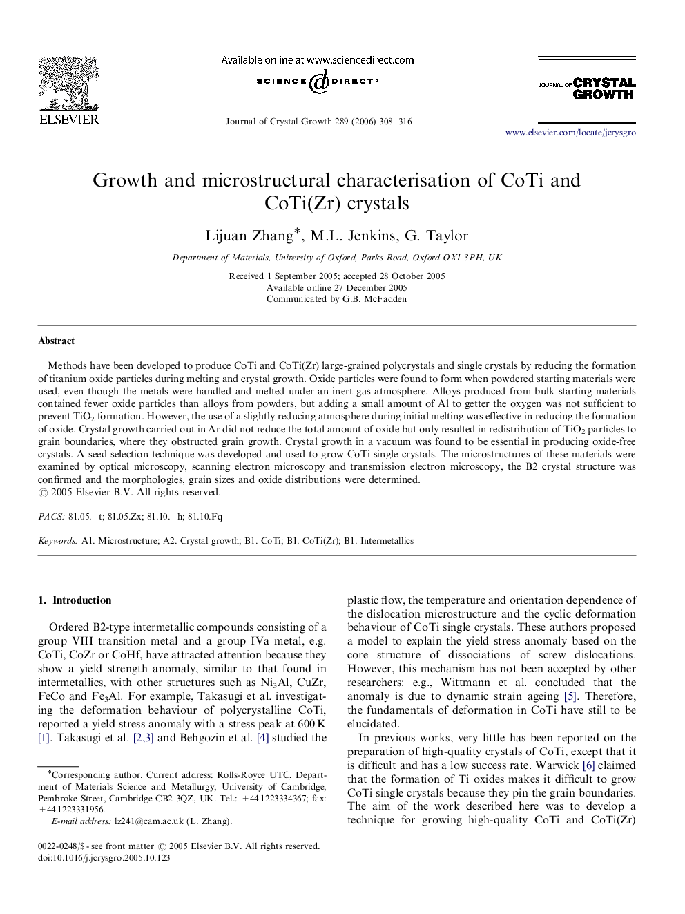 Growth and microstructural characterisation of CoTi and CoTi(Zr) crystals