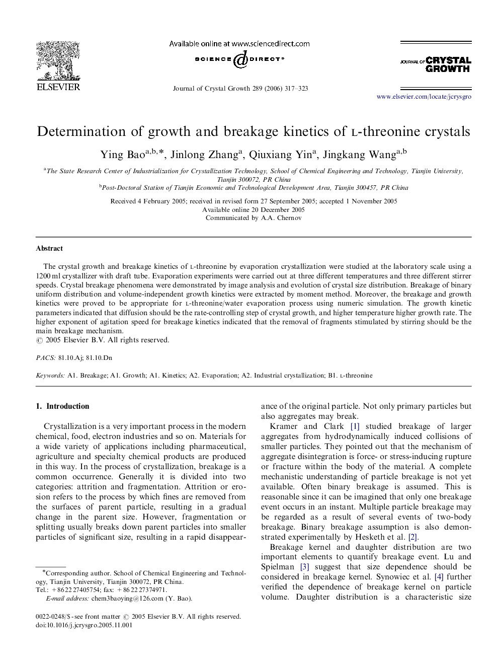 Determination of growth and breakage kinetics of l-threonine crystals