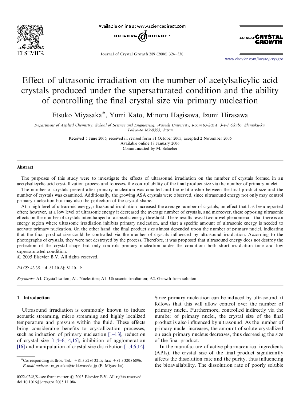 Effect of ultrasonic irradiation on the number of acetylsalicylic acid crystals produced under the supersaturated condition and the ability of controlling the final crystal size via primary nucleation