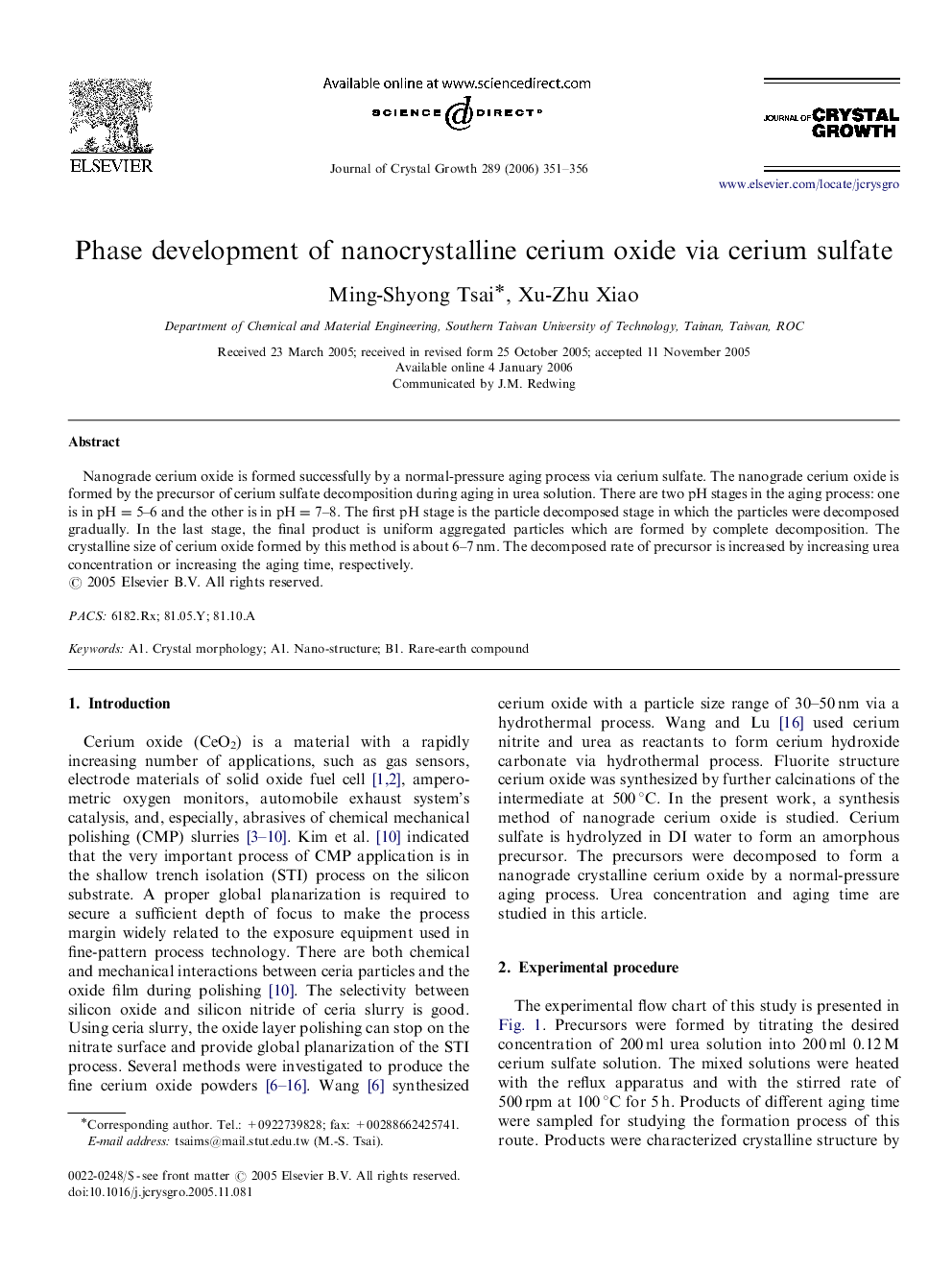 Phase development of nanocrystalline cerium oxide via cerium sulfate