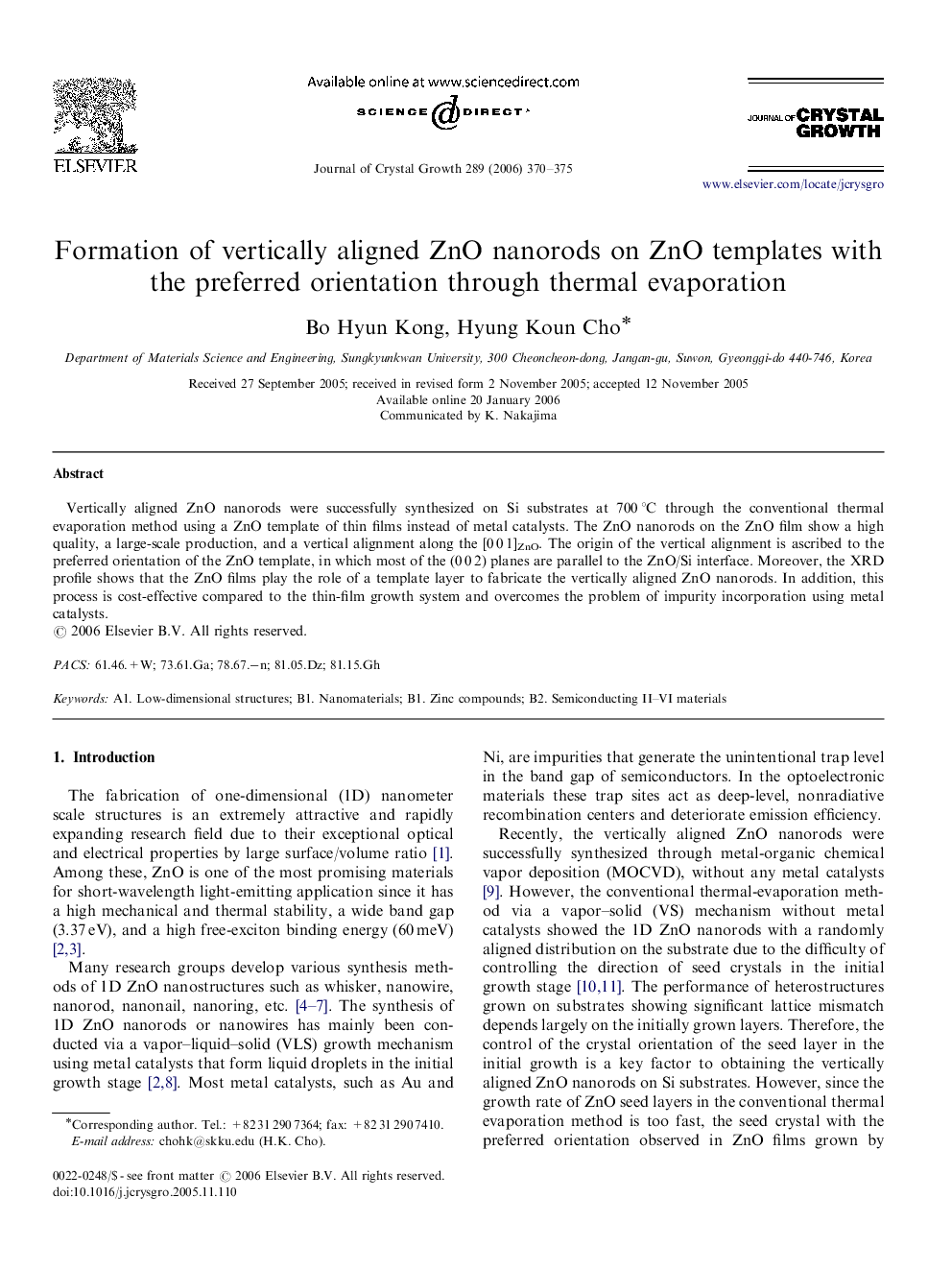 Formation of vertically aligned ZnO nanorods on ZnO templates with the preferred orientation through thermal evaporation