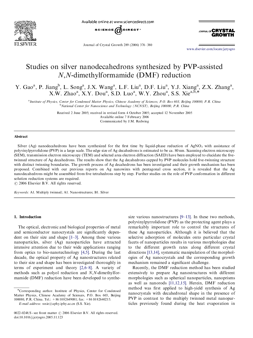 Studies on silver nanodecahedrons synthesized by PVP-assisted N,N-dimethylformamide (DMF) reduction