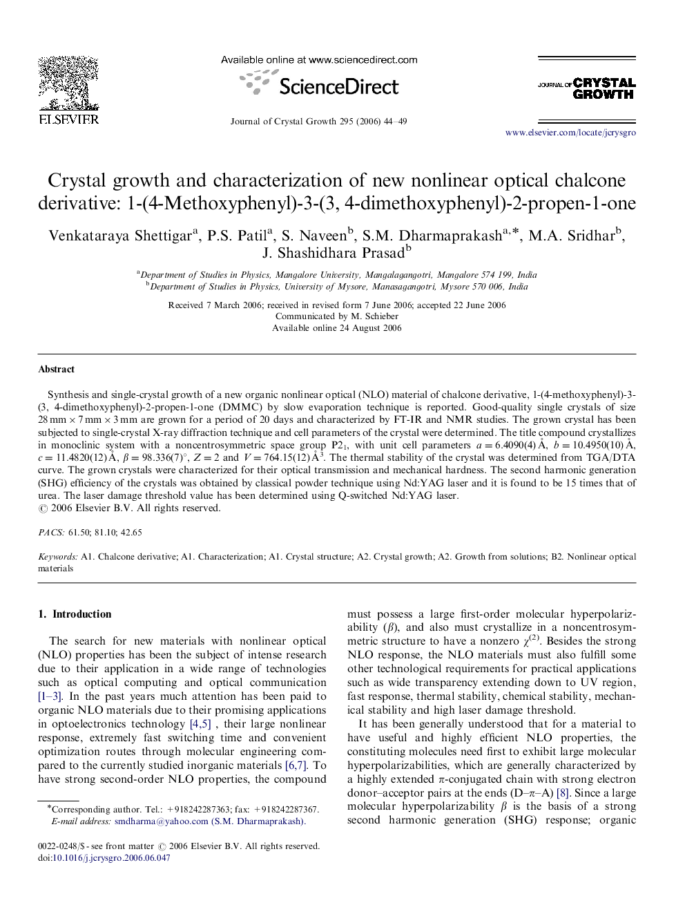 Crystal growth and characterization of new nonlinear optical chalcone derivative: 1-(4-Methoxyphenyl)-3-(3, 4-dimethoxyphenyl)-2-propen-1-one