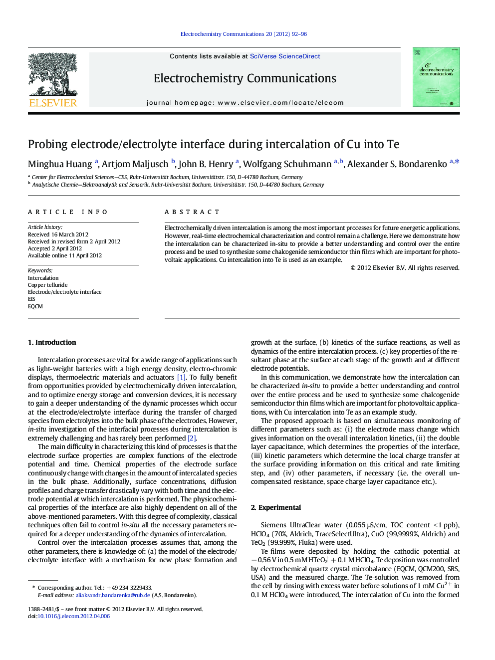 Probing electrode/electrolyte interface during intercalation of Cu into Te