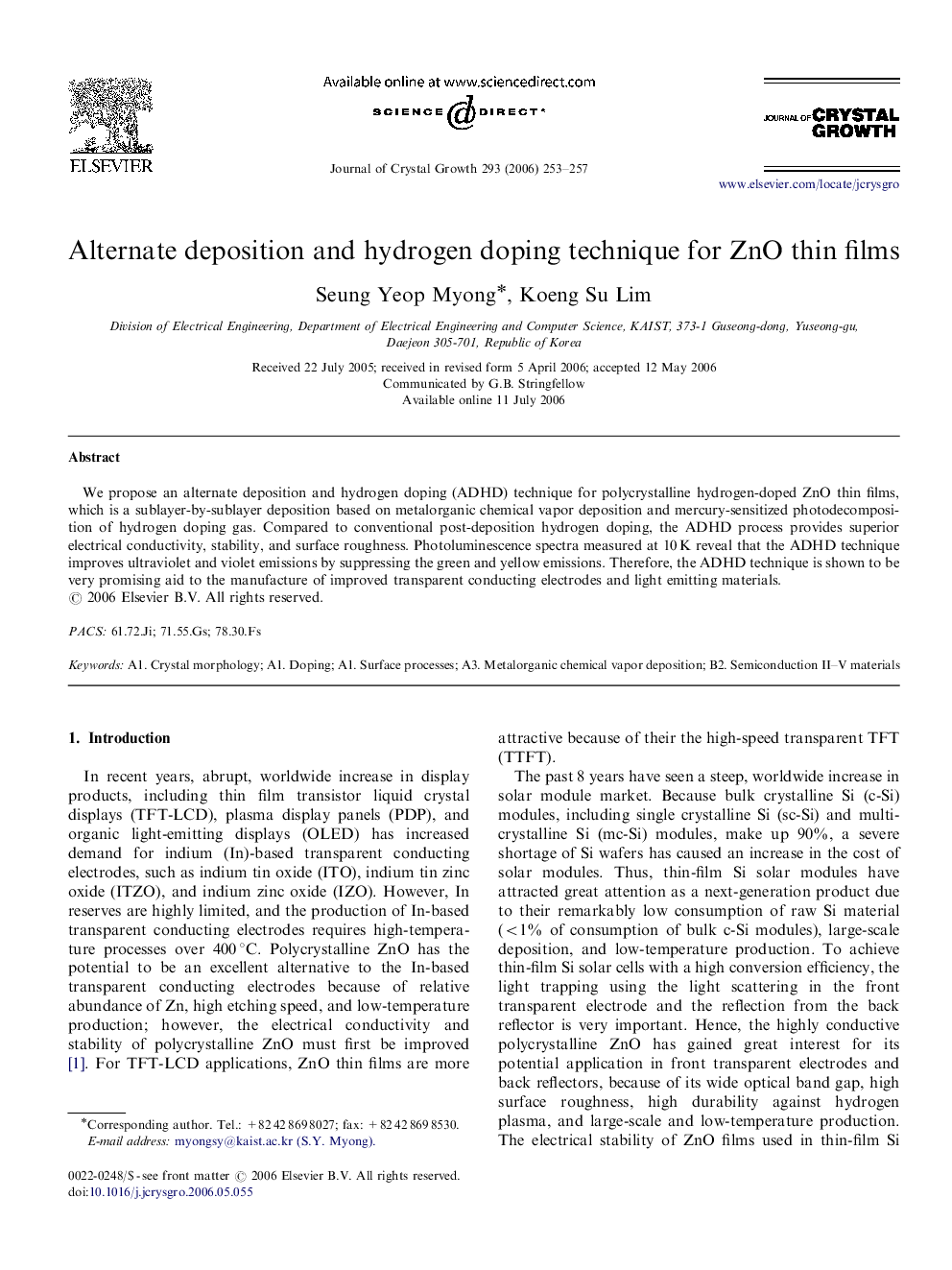 Alternate deposition and hydrogen doping technique for ZnO thin films