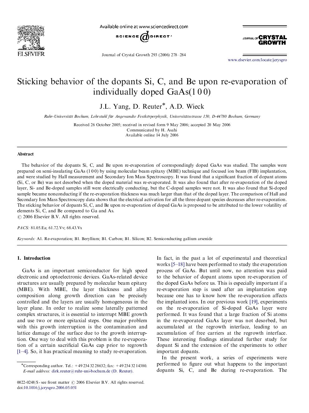 Sticking behavior of the dopants Si, C, and Be upon re-evaporation of individually doped GaAs(1Â 0Â 0)