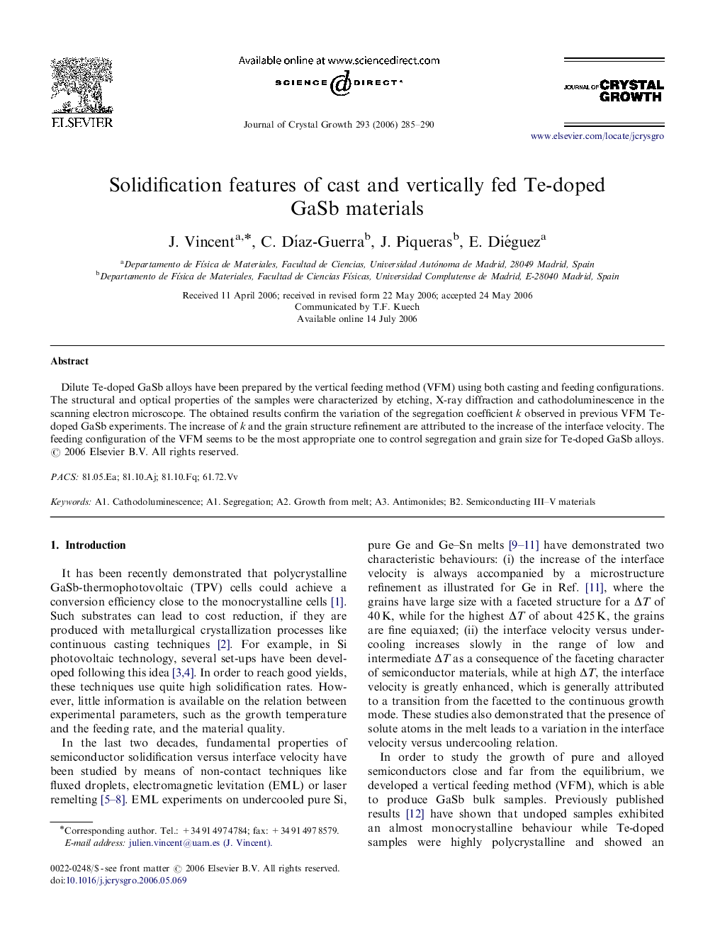 Solidification features of cast and vertically fed Te-doped GaSb materials