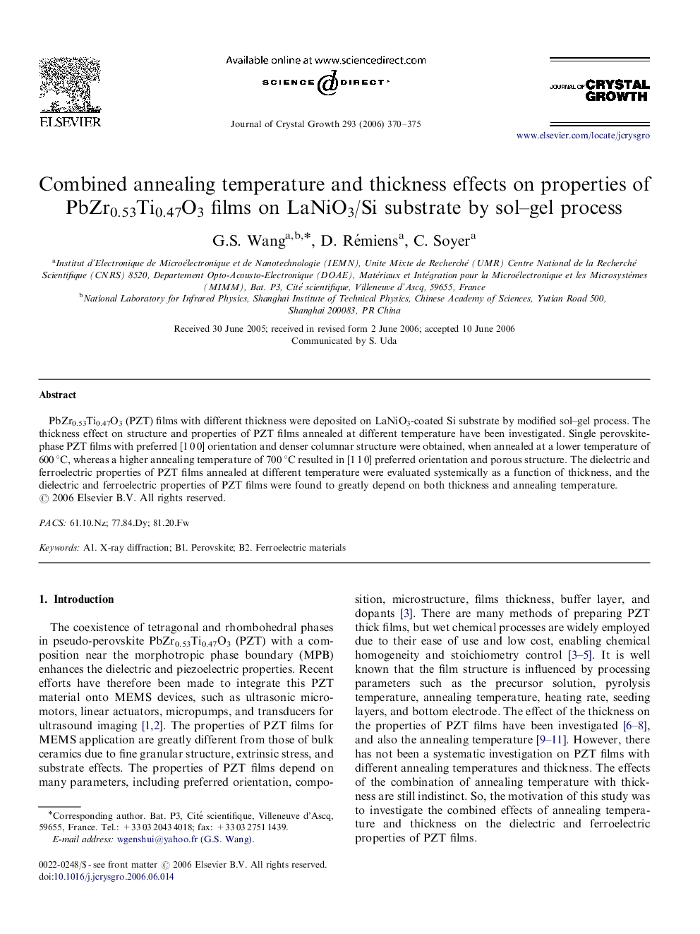 Combined annealing temperature and thickness effects on properties of PbZr0.53Ti0.47O3 films on LaNiO3/Si substrate by sol–gel process