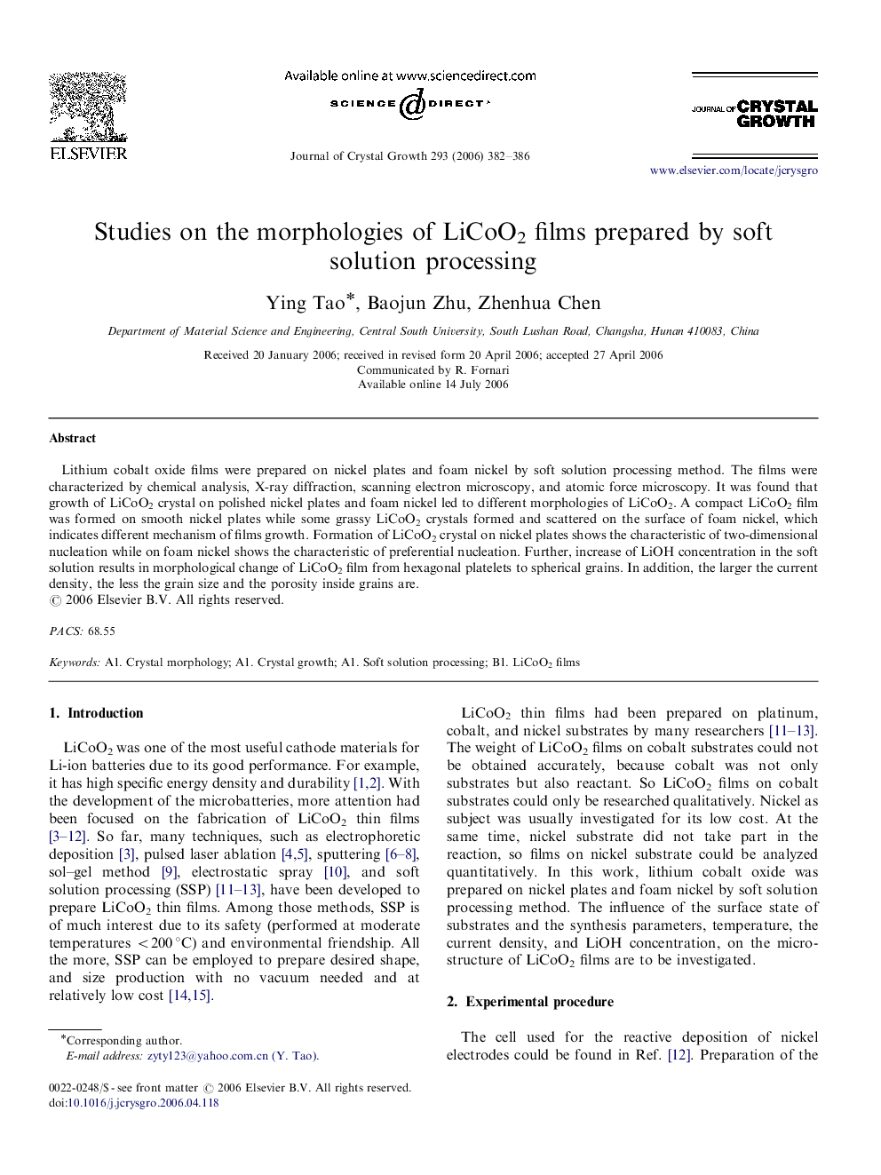 Studies on the morphologies of LiCoO2 films prepared by soft solution processing