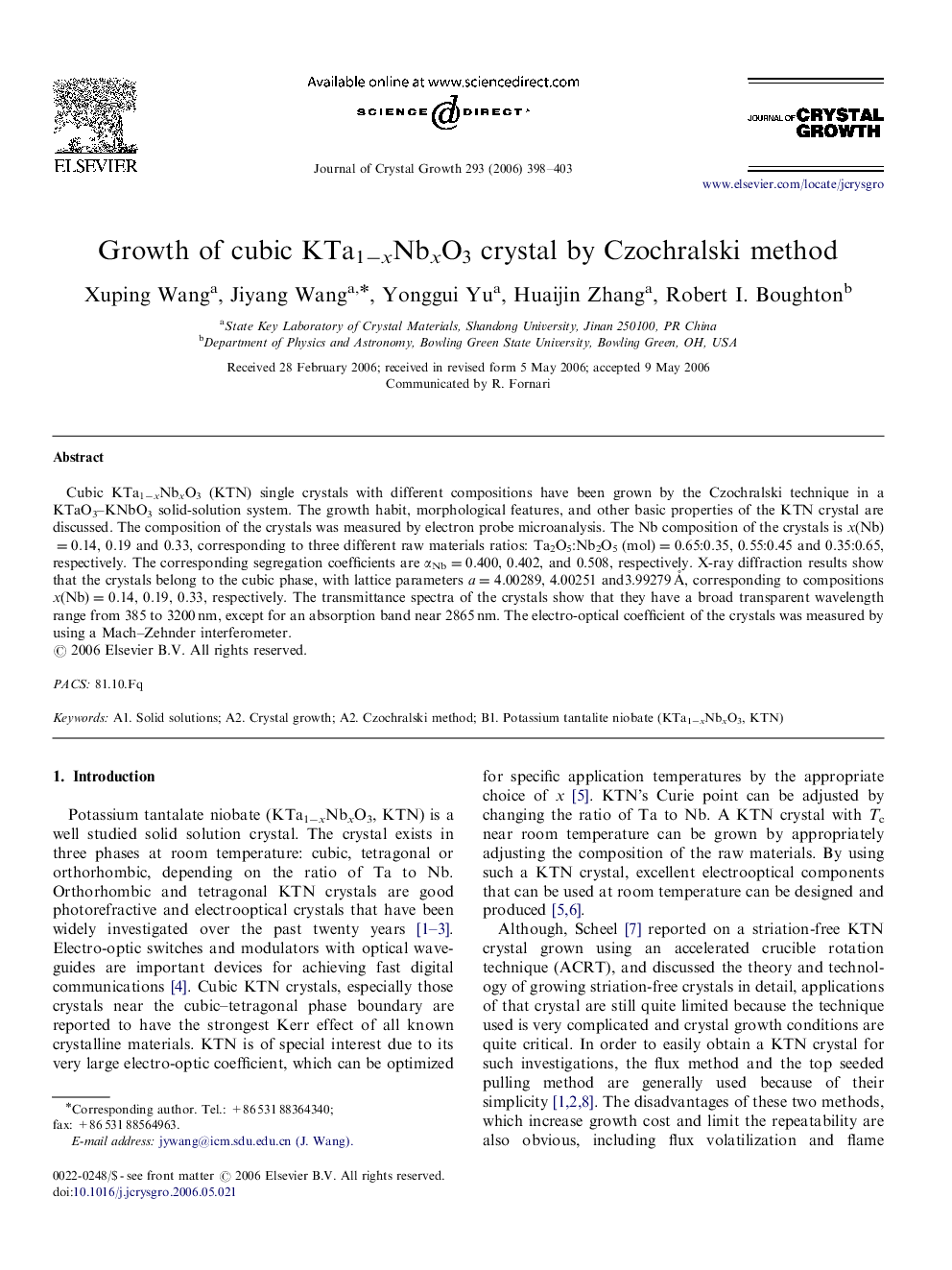 Growth of cubic KTa1−xNbxO3 crystal by Czochralski method