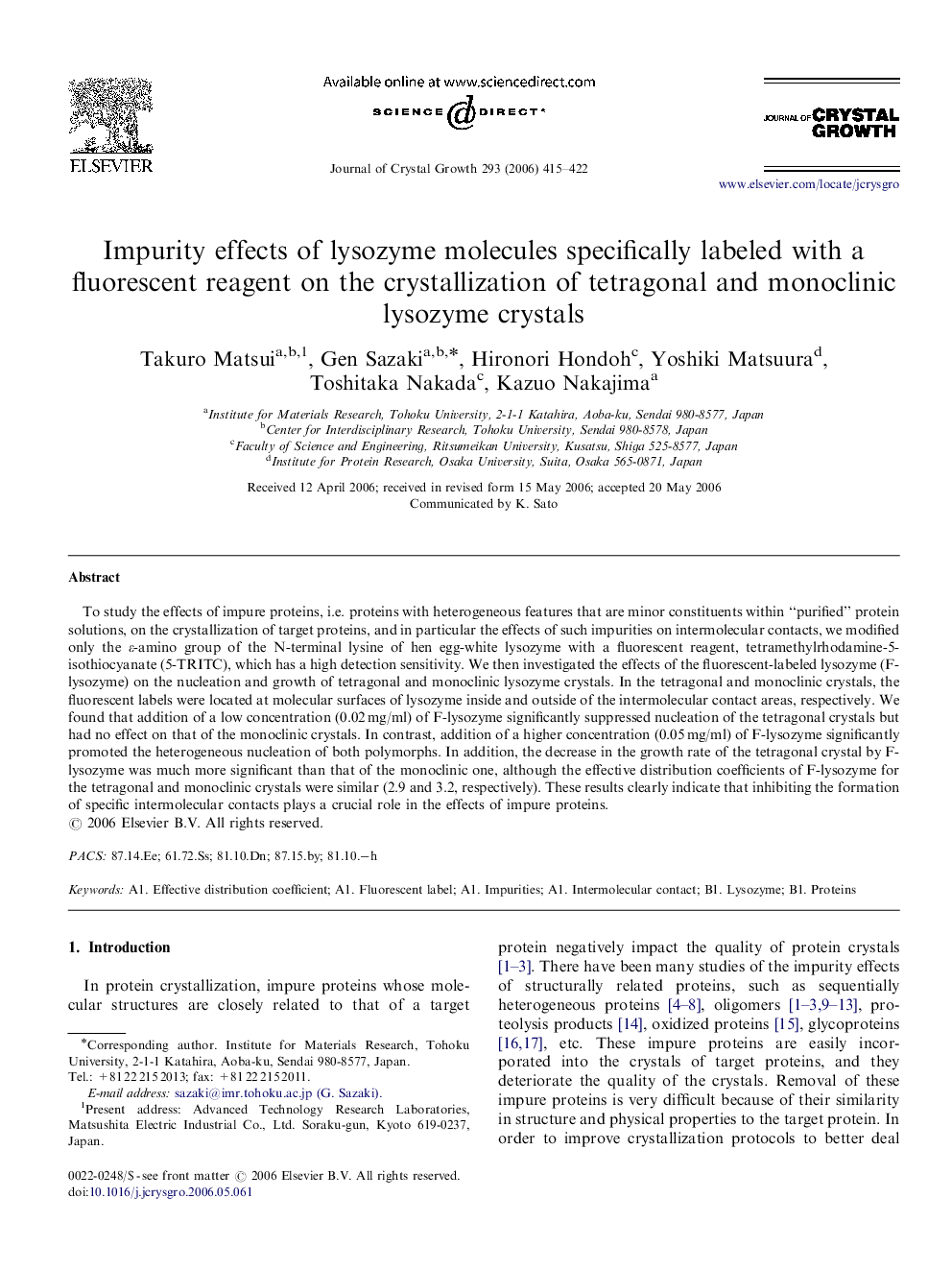 Impurity effects of lysozyme molecules specifically labeled with a fluorescent reagent on the crystallization of tetragonal and monoclinic lysozyme crystals