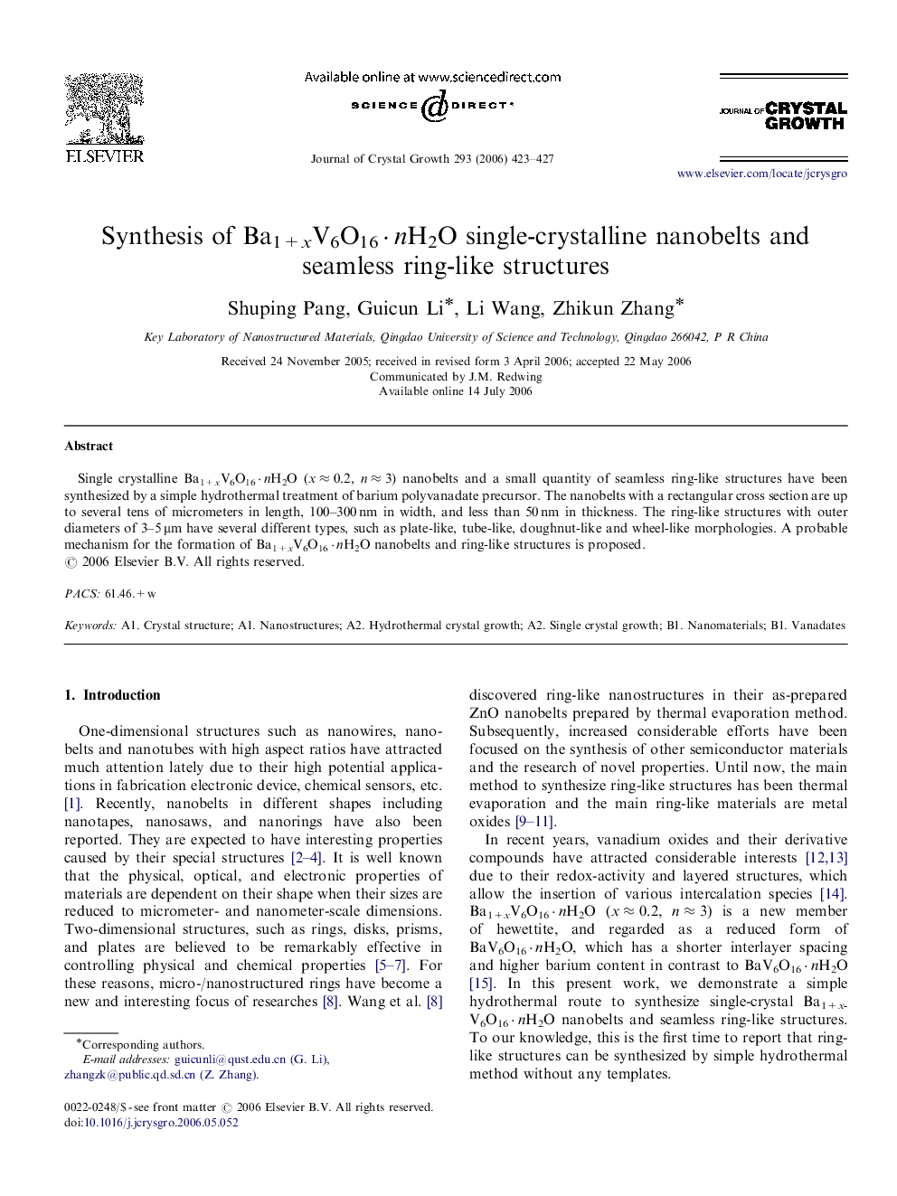 Synthesis of Ba1+xV6O16·nH2O single-crystalline nanobelts and seamless ring-like structures