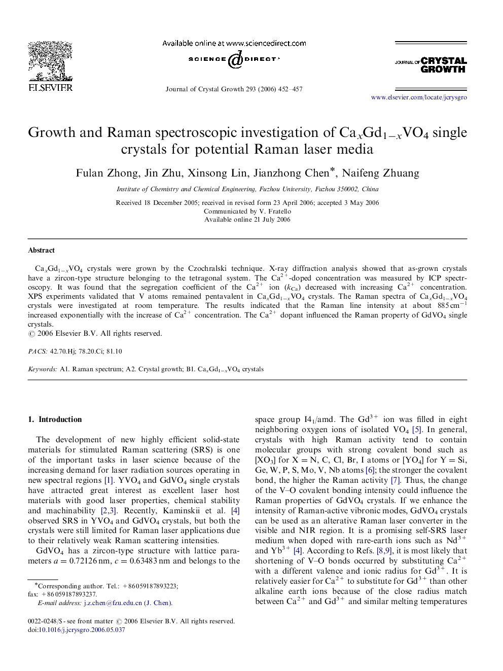 Growth and Raman spectroscopic investigation of CaxGd1âxVO4 single crystals for potential Raman laser media