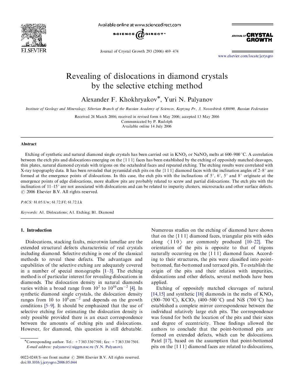 Revealing of dislocations in diamond crystals by the selective etching method