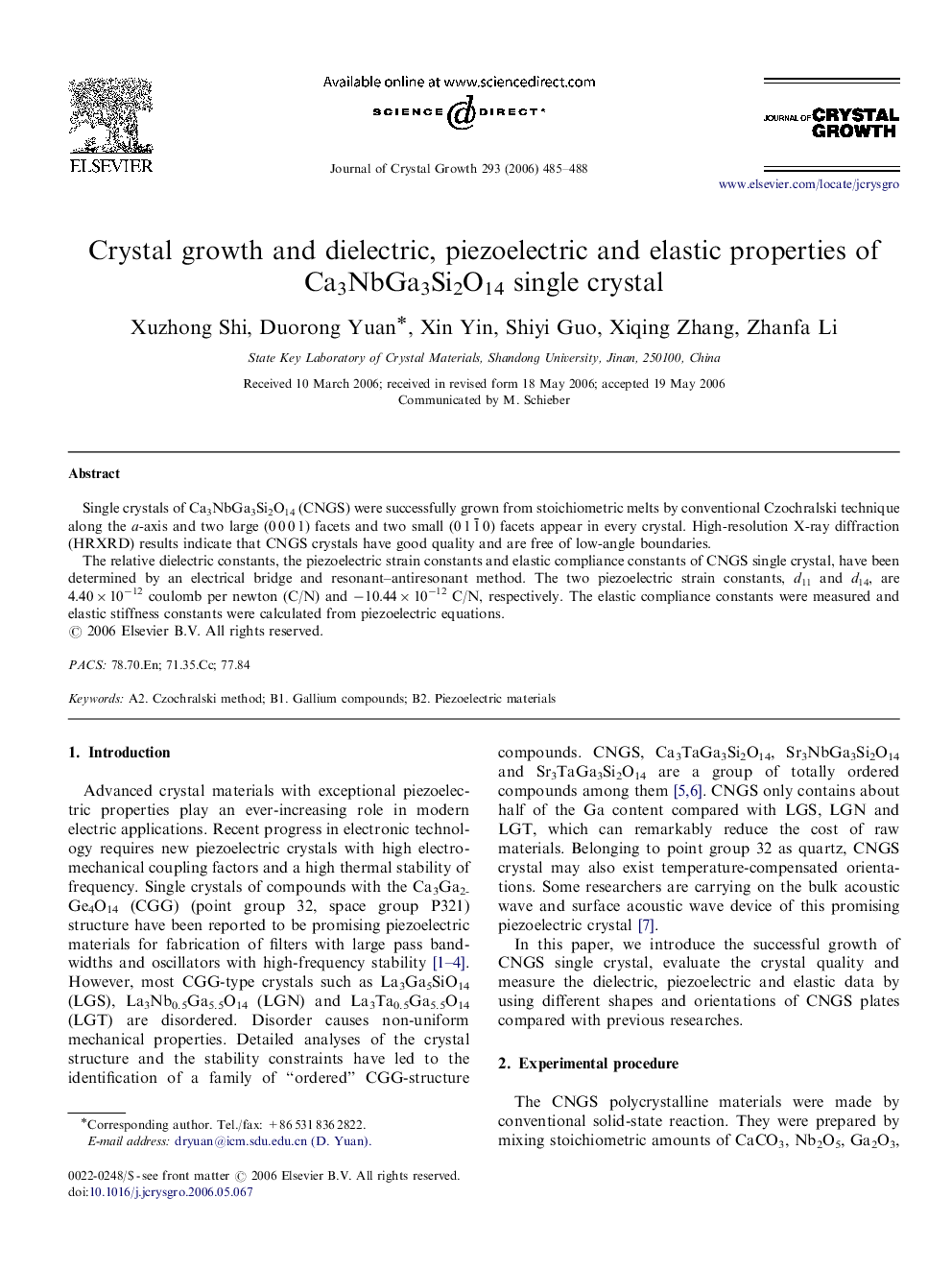 Crystal growth and dielectric, piezoelectric and elastic properties of Ca3NbGa3Si2O14 single crystal