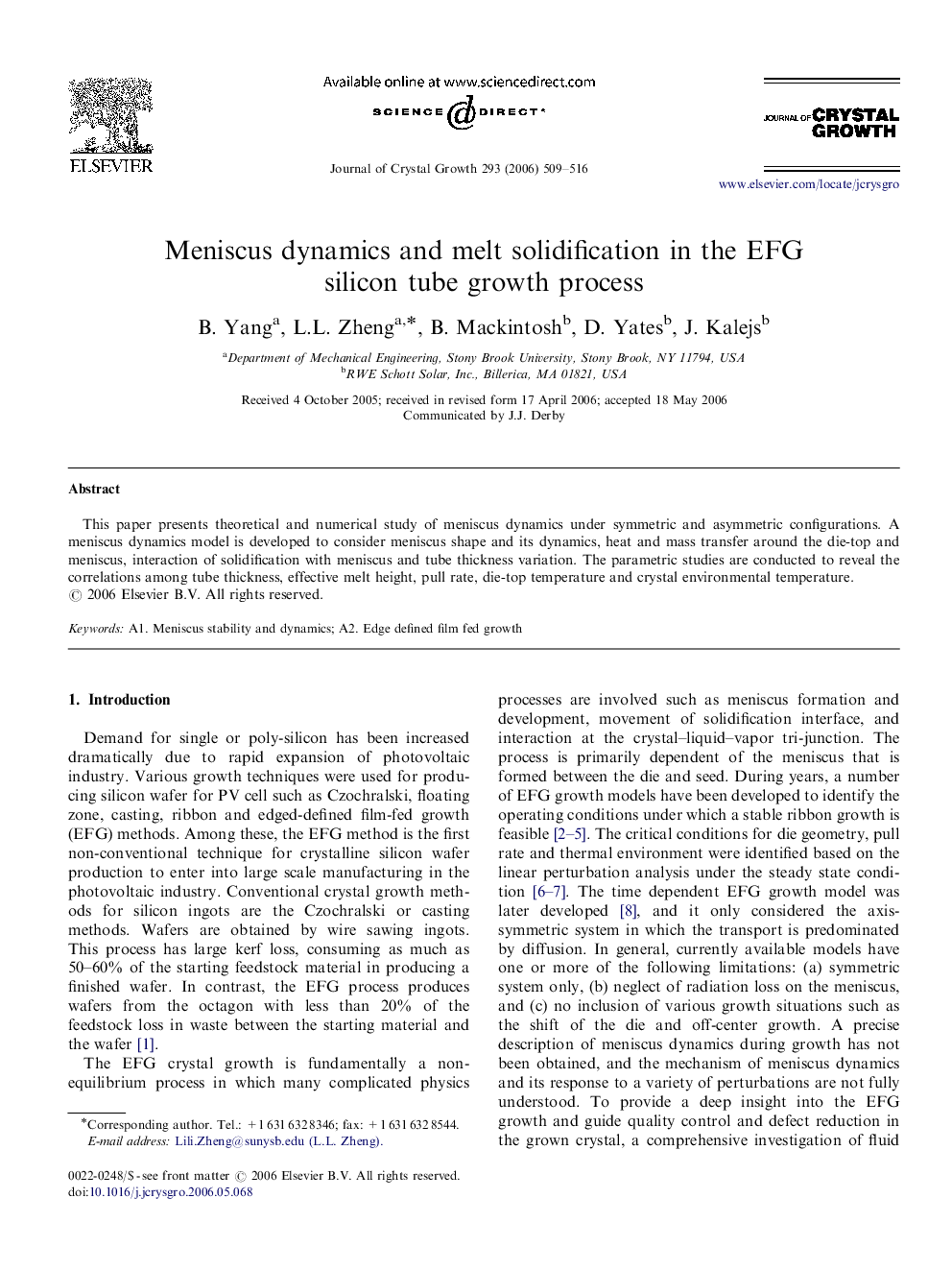 Meniscus dynamics and melt solidification in the EFG silicon tube growth process