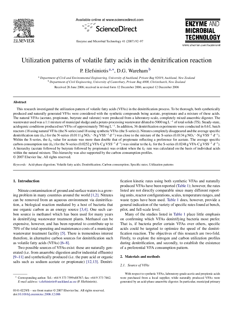 Utilization patterns of volatile fatty acids in the denitrification reaction