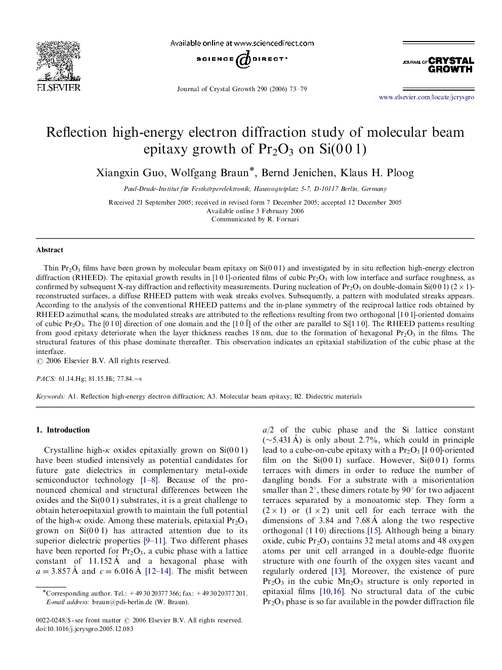 Reflection high-energy electron diffraction study of molecular beam epitaxy growth of Pr2O3 on Si(0 0 1)