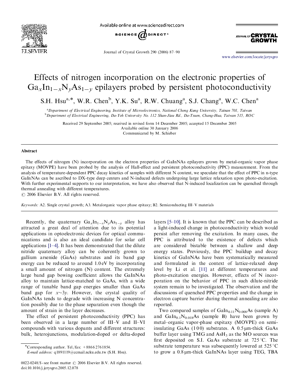 Effects of nitrogen incorporation on the electronic properties of GaxIn1âxNyAs1ây epilayers probed by persistent photoconductivity