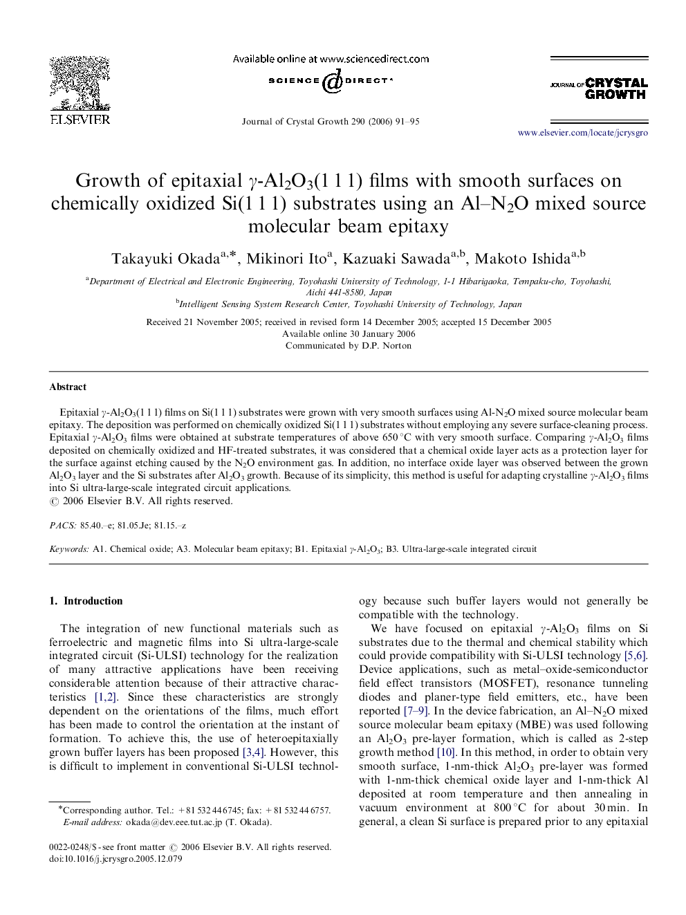 Growth of epitaxial γ-Al2O3(1 1 1) films with smooth surfaces on chemically oxidized Si(1 1 1) substrates using an Al–N2O mixed source molecular beam epitaxy