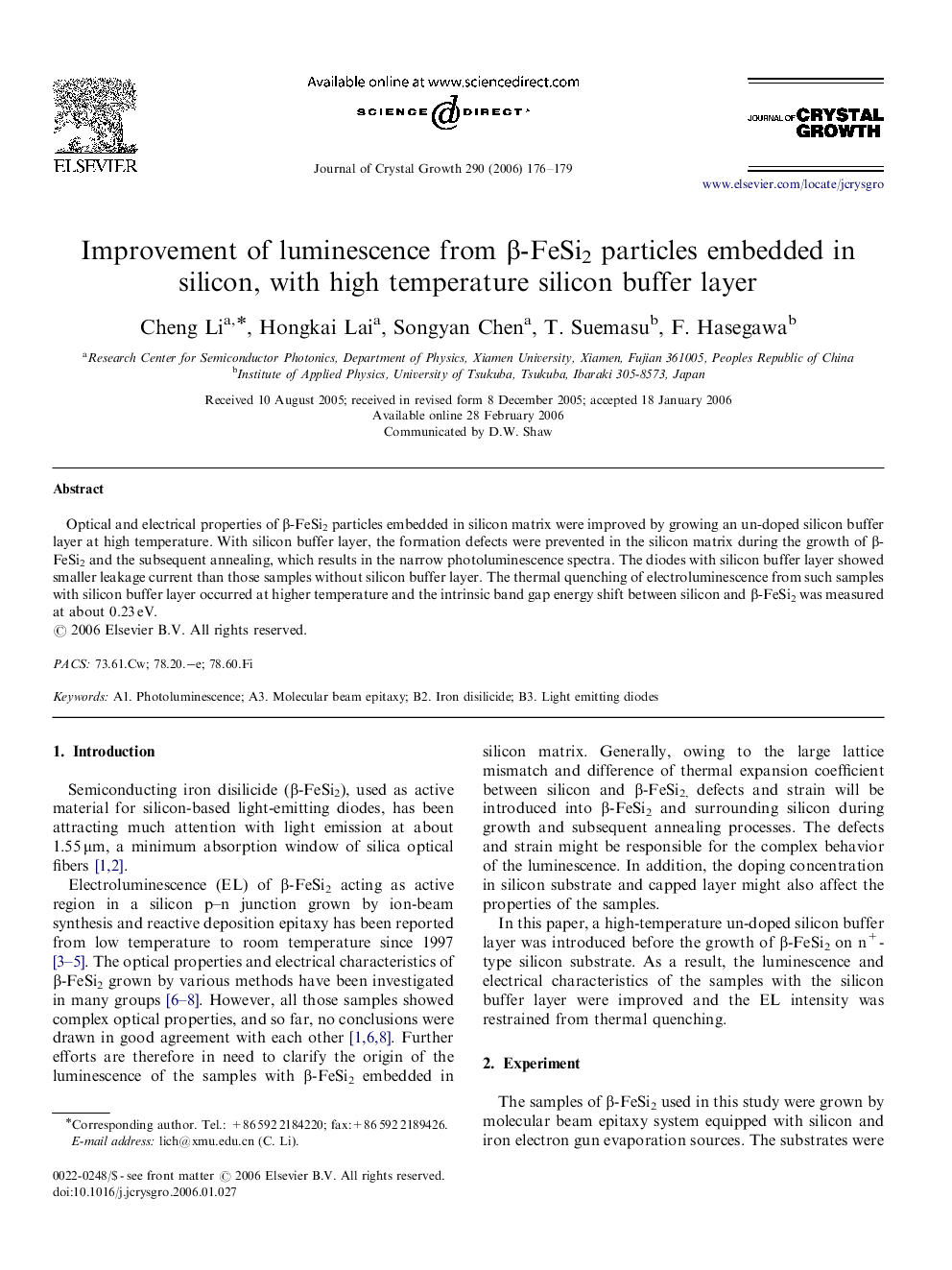 Improvement of luminescence from Î²-FeSi2 particles embedded in silicon, with high temperature silicon buffer layer