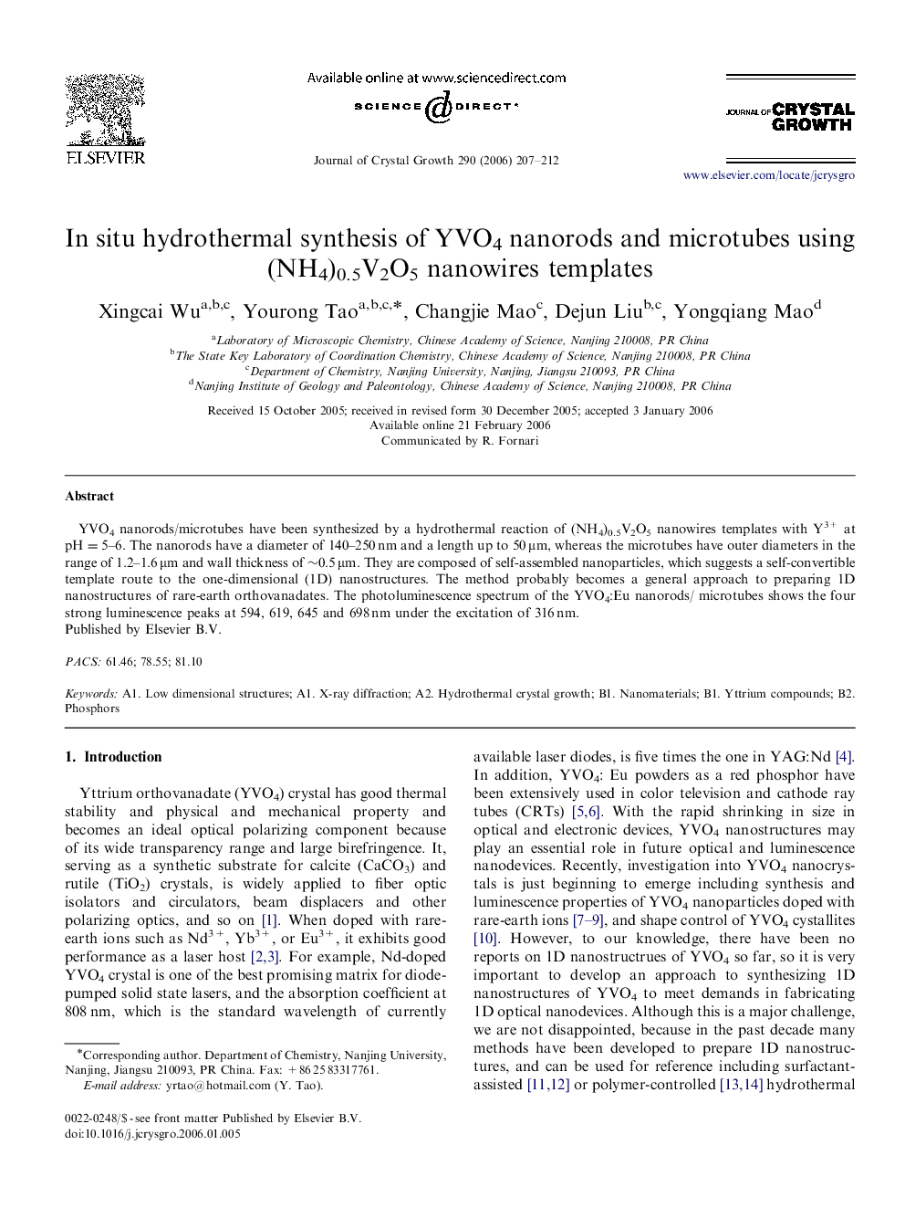 In situ hydrothermal synthesis of YVO4 nanorods and microtubes using (NH4)0.5V2O5 nanowires templates