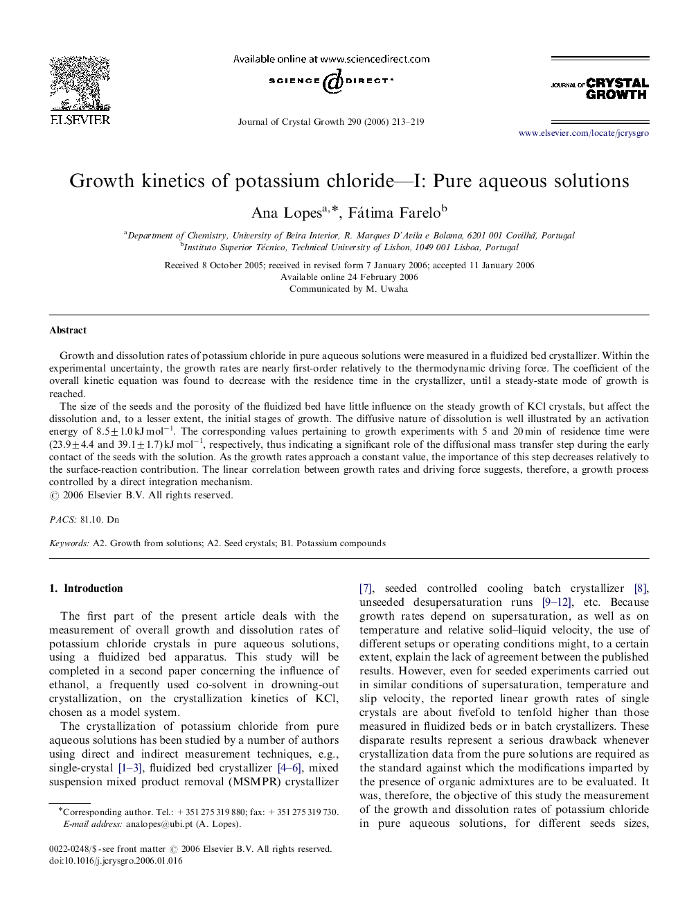 Growth kinetics of potassium chloride-I: Pure aqueous solutions