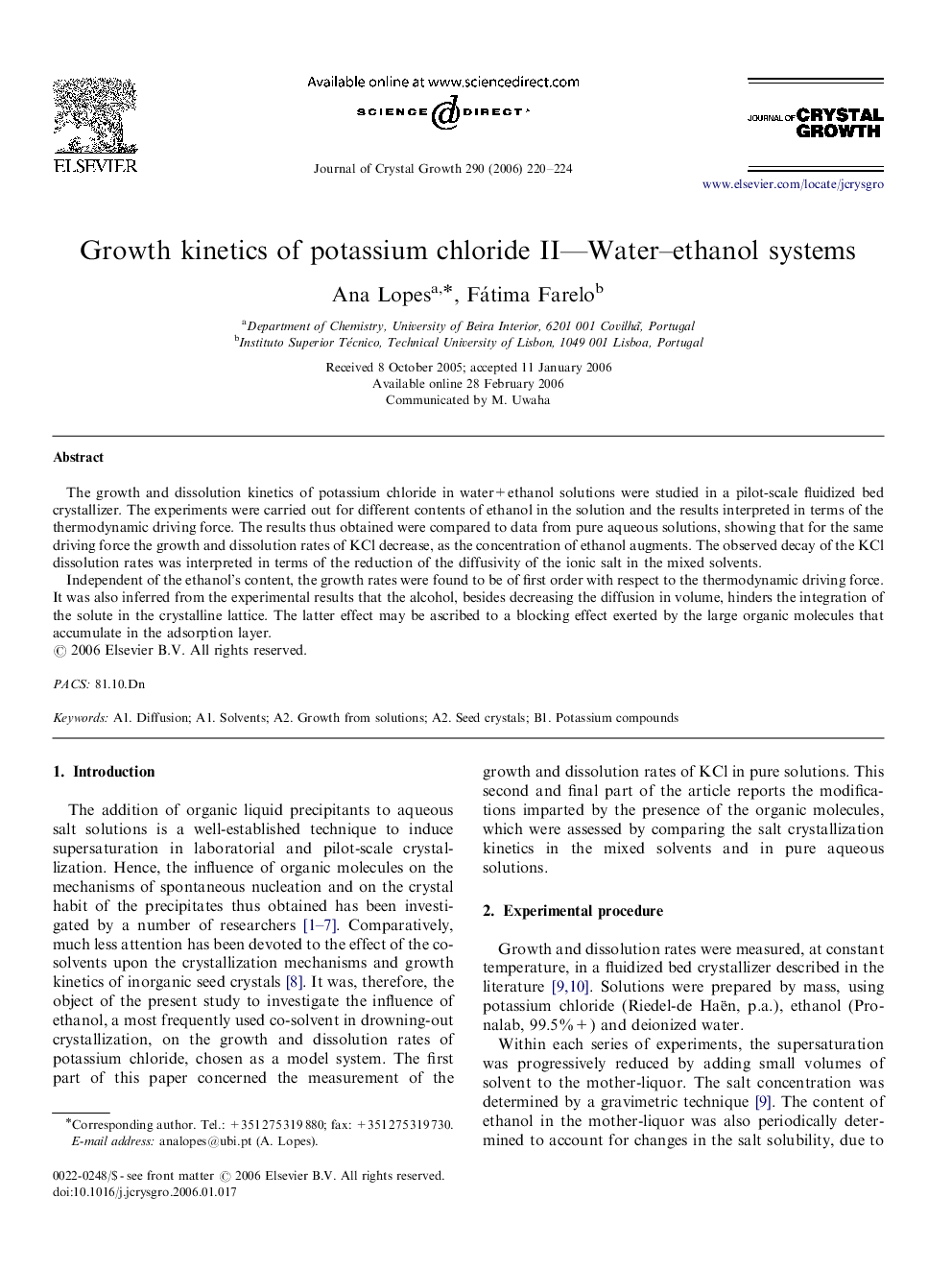 Growth kinetics of potassium chloride II—Water–ethanol systems