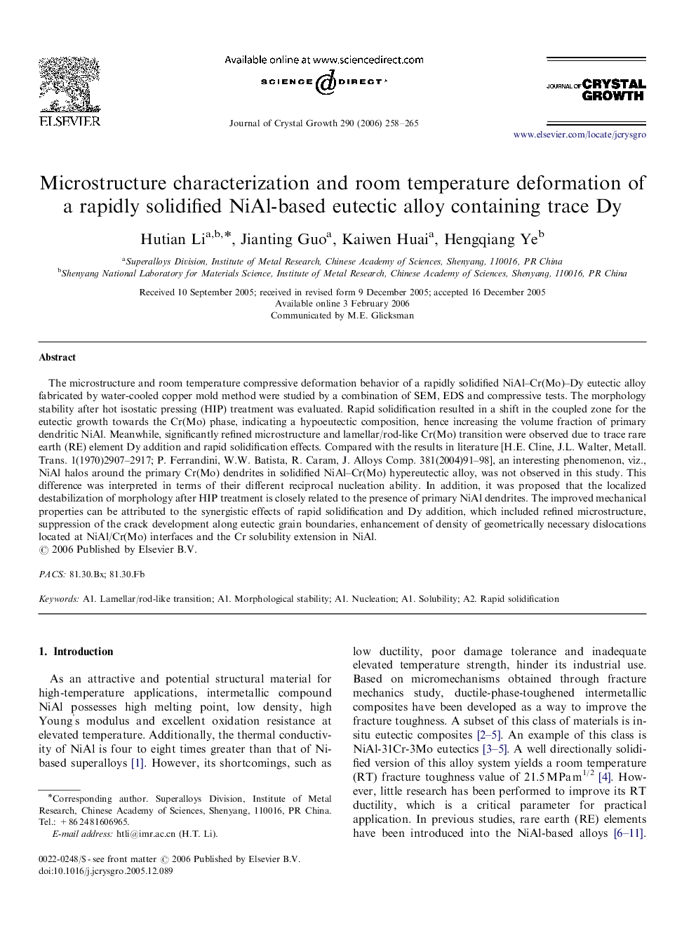 Microstructure characterization and room temperature deformation of a rapidly solidified NiAl-based eutectic alloy containing trace Dy