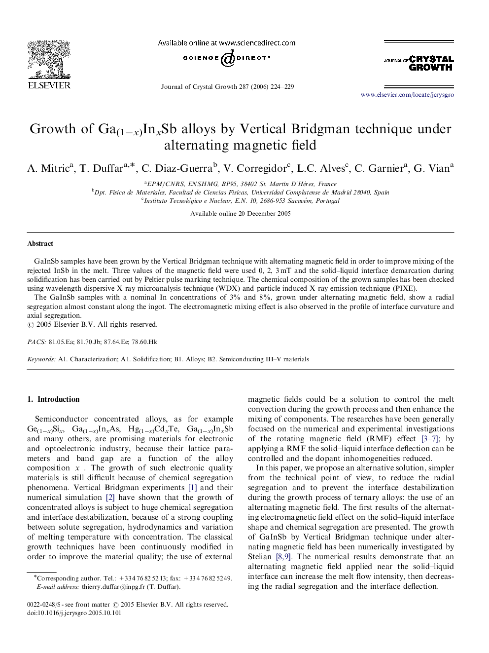 Growth of Ga(1−x)InxSb alloys by Vertical Bridgman technique under alternating magnetic field