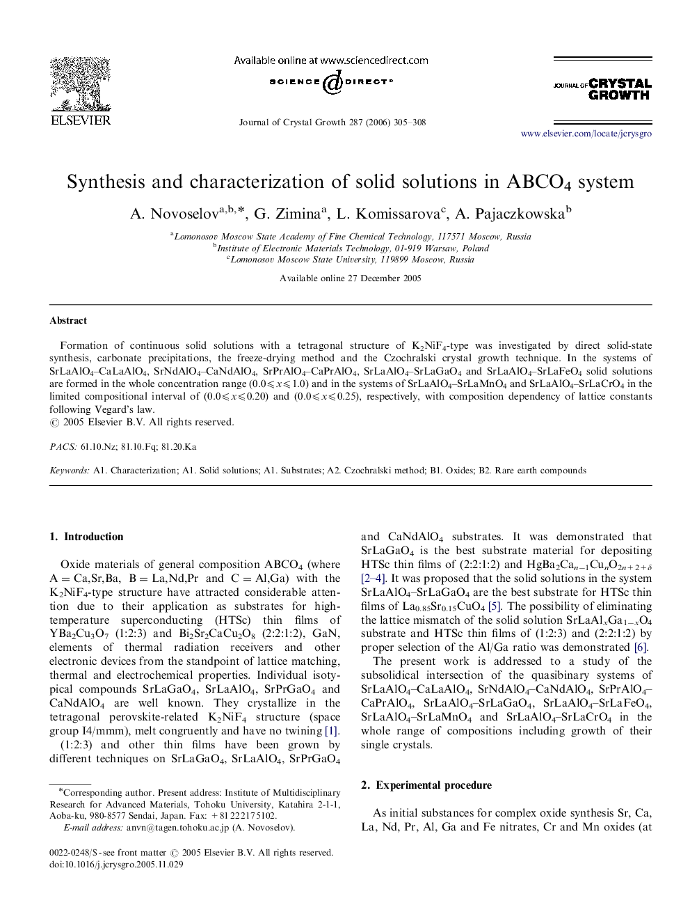 Synthesis and characterization of solid solutions in ABCO4 system