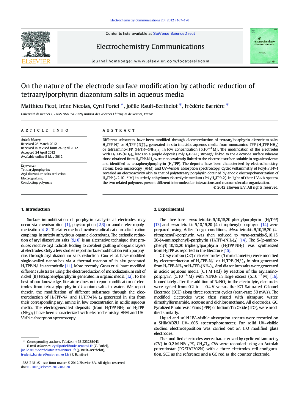 On the nature of the electrode surface modification by cathodic reduction of tetraarylporphyrin diazonium salts in aqueous media