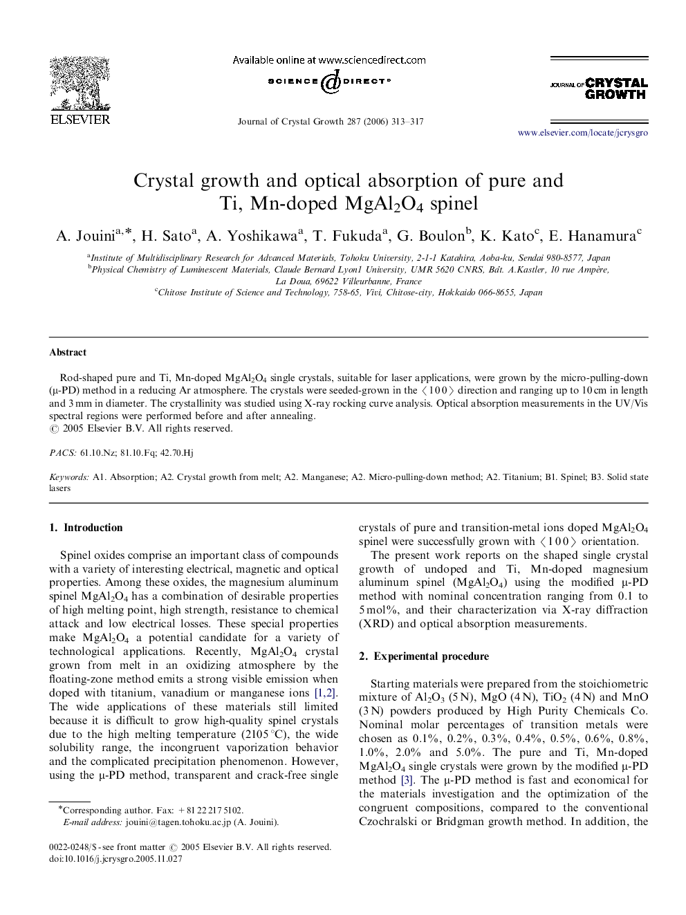 Crystal growth and optical absorption of pure and Ti, Mn-doped MgAl2O4 spinel