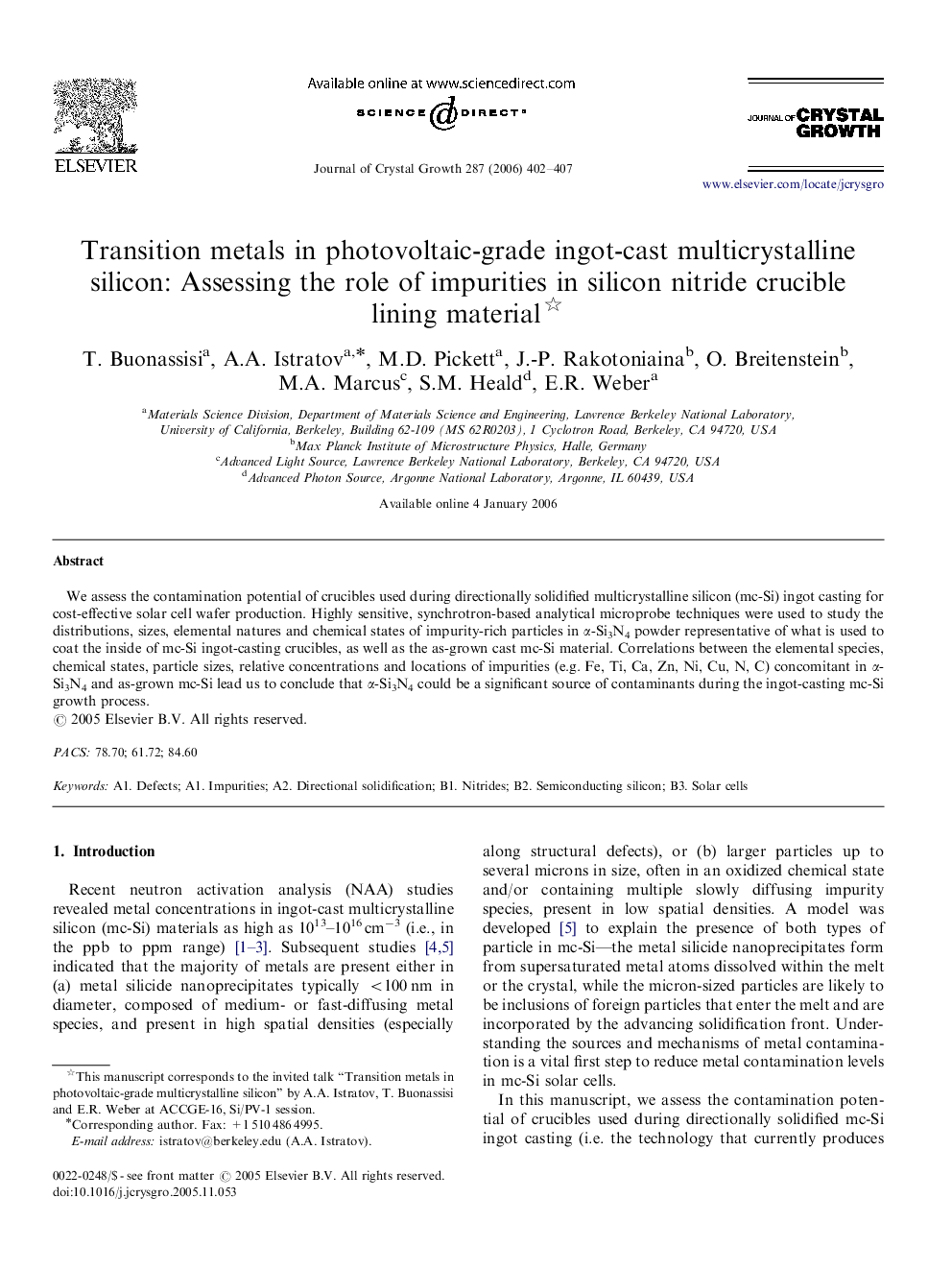 Transition metals in photovoltaic-grade ingot-cast multicrystalline silicon: Assessing the role of impurities in silicon nitride crucible lining material 