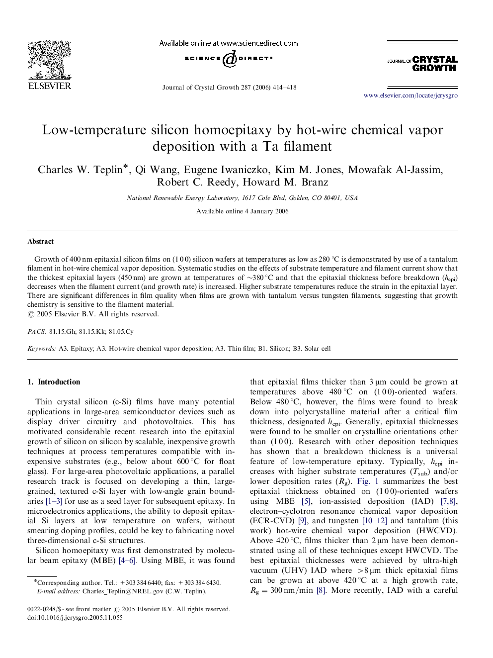 Low-temperature silicon homoepitaxy by hot-wire chemical vapor deposition with a Ta filament