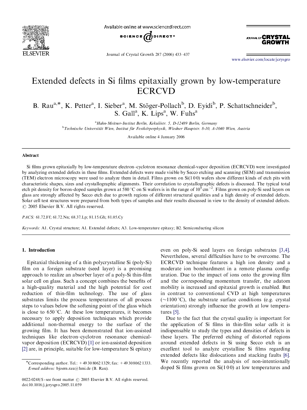 Extended defects in Si films epitaxially grown by low-temperature ECRCVD