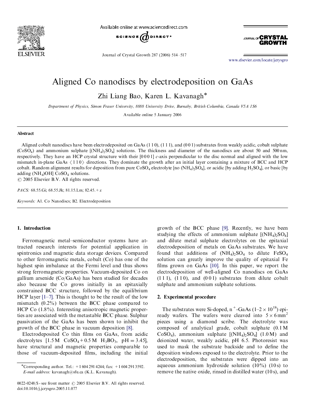 Aligned Co nanodiscs by electrodeposition on GaAs